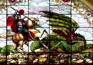 St. George and the Dragon. Stained glass window at St. George's Hall, Liverpool. 